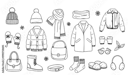 Black and White Winter Clothing Accessories Outline Vector Collection Cozy Holiday Fashion Coloring Page