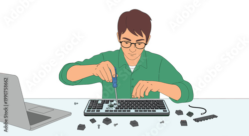 A focused man with glasses wearing a green shirt uses a blue screwdriver to carefully repair a disassembled mechanical computer keyboard on a white desk.