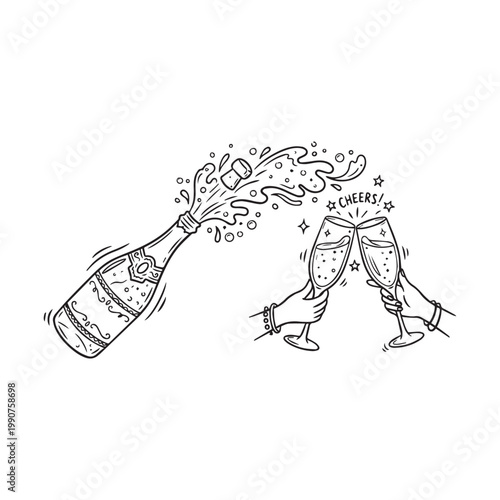 “Champagne bottle opening with bubbles and hands clinking glasses in festive black and white illustration symbolizing cheers and joy”