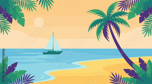 Vibrant tropical beach with sailboat, palm tree, and exotic leaves