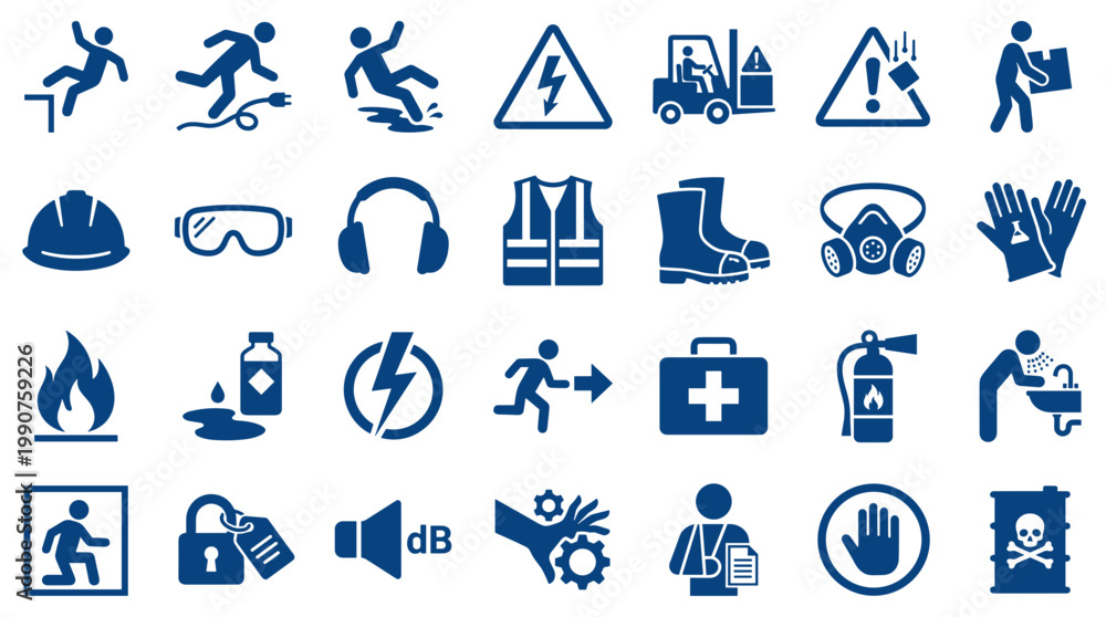 Fototapeta premium Collection of safety signs and symbols for workplace hazard prevention and personal protection equipment icons