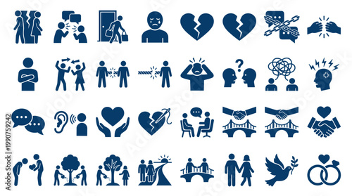 Collection of icons representing relationships conflict resolution communication and emotional states