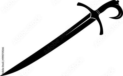 Curved scimitar sword silhouette with an ornate hilt design