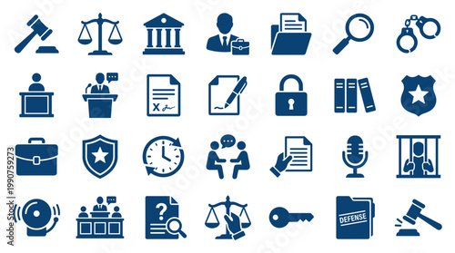 Law and justice icons set depicting legal concepts like court, crime, and justice system symbols for legal services and online law platforms