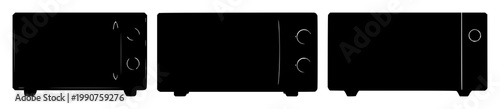 Microwave set with black silhouette and white background featuring line art illustration, kitchen appliance, electronics with household and kitchenware