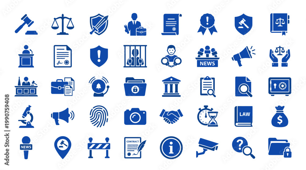 Naklejka premium Collection of blue legal justice and law icons representing court proceedings evidence and legal services on white background