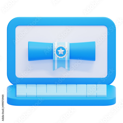 3D illustration of a laptop displaying a digital diploma or certificate with a ribbon and star icon, symbolizing online education and achievement