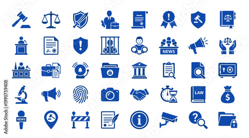 Collection of blue legal justice and law icons representing court proceedings evidence and legal services on white background