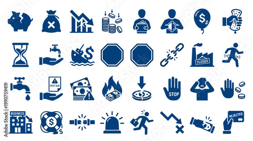 Financial Crisis Icons Set Representing Economic Downturn Bankruptcy Debt Loss and Business Failure Concepts