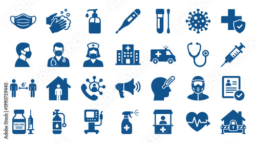 Collection of blue icons representing healthcare and pandemic prevention measures including medical symbols and safety protocols
