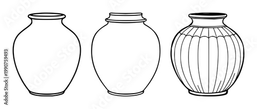 Ceramic jar set with black line art and white background featuring jar, line art, illustration with stationery and decor