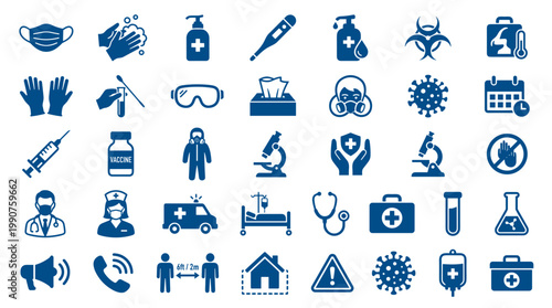 Collection of healthcare and medical icons representing prevention safety and treatment during a pandemic or health crisis