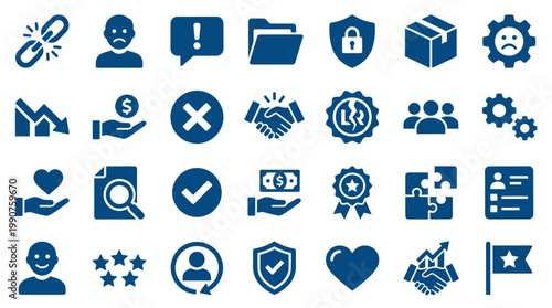 Collection of blue business and finance icons representing success, strategy, and problem solving in a modern graphic design