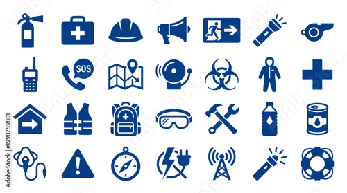 Collection of emergency preparedness and safety icons representing rescue equipment survival gear and warning symbols for disaster response and safety awareness