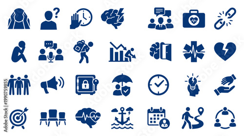 Schilderij op canvas Collection of blue icons representing mental health challenges, stress, support,