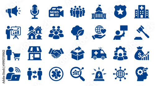 Collection of blue icons representing business, government, healthcare, social issues, and technology concepts on a white background