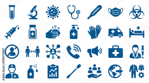 Collection of blue medical and healthcare icons representing virus protection, diagnosis, treatment, and public health measures