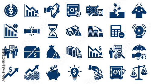 Financial Crisis Icons Set Representing Economic Downturn Loss and Risk Management Solutions