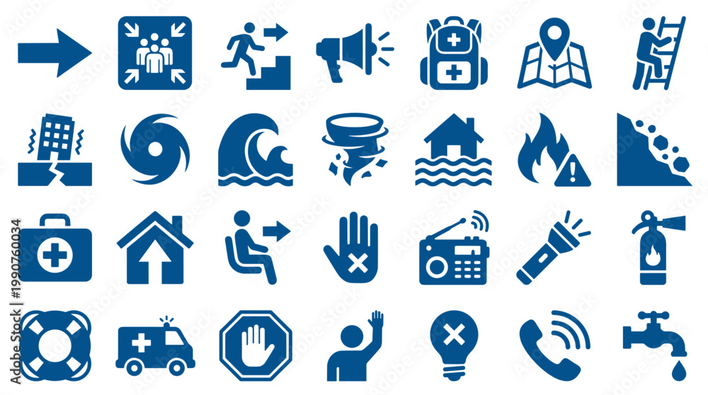 Fototapeta premium Collection of emergency and disaster icons representing safety measures, rescue, and essential services for crisis situations