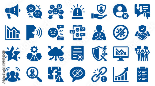 Collection of Icons Representing Social Issues and Business Challenges Like Protests, Criticism, and Online Conflict