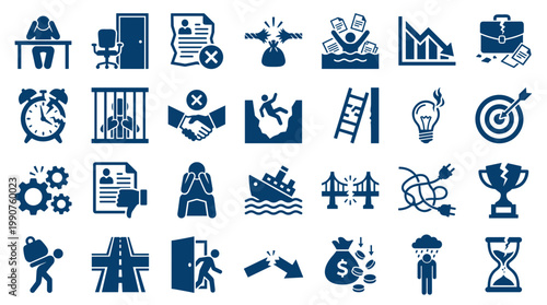 Collection of icons representing business failure challenges stress and setbacks in career and life