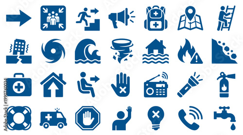 Collection of emergency and disaster icons representing safety measures, rescue, and essential services for crisis situations