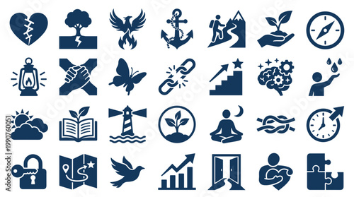 Collection of icons representing growth resilience and mental well being with symbols of nature business and personal development