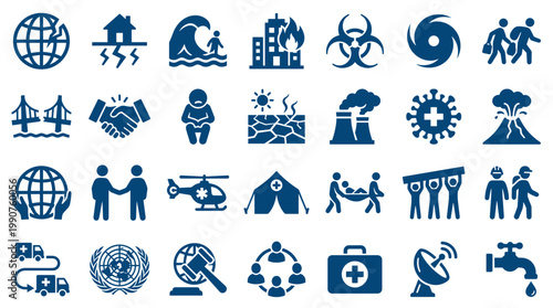 Collection of icons representing global disasters emergencies and humanitarian aid relief efforts including natural and man-made crises and international cooperation