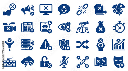 Collection of blue icons representing various concepts like business, technology, communication, and errors with a prominent cross symbol indicating negation or cancellation