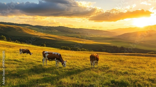 Serene Rural Landscape at Sunset with Grazing Cows in Meadow, Rolling Hills, Vibrant Sky, Golden Light Reflecting, Tranquil Farm Scene, Nature Harmony
