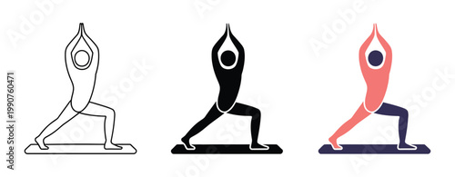 Set of yoga warrior pose icons, stylized human figure in virabhadrasana, fitness and meditation concept, vector illustration