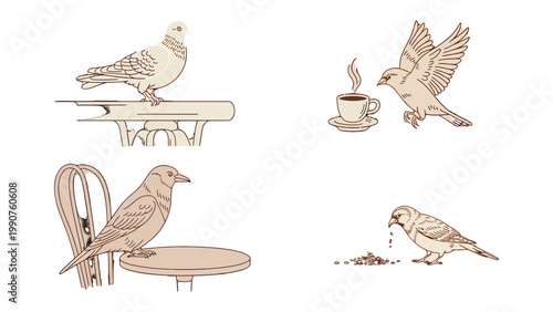 Doves' Daily Moments: Captivating illustrations show doves in daily scenarios with a cup of coffee and other table scenes. Explore these charming scenes, full of daily moments.