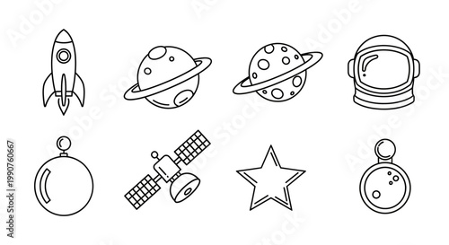 Space icons set featuring rocket planet helmet star.