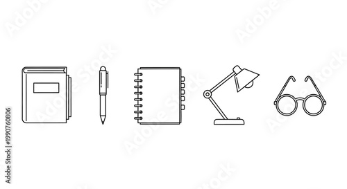 Office Stationery Icon Set Featuring Notebook Pen Glasses Lamp.