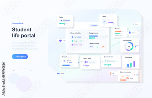 Student life portal dashboard landing page with pastel academic widgets, schedule cards, GPA chart, and campus app interface on light background
