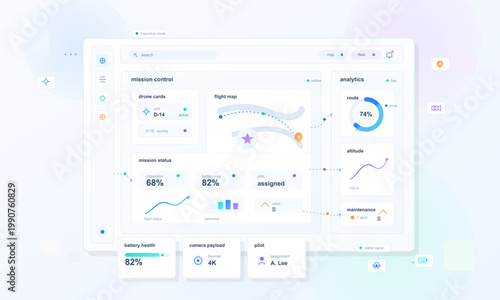 Pastel drone mission control dashboard interface with flight map, analytics panels, battery status cards, and inspection widgets on light background