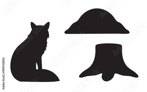Forest Fox, Mountain, and Tree Stump Silhouettes
