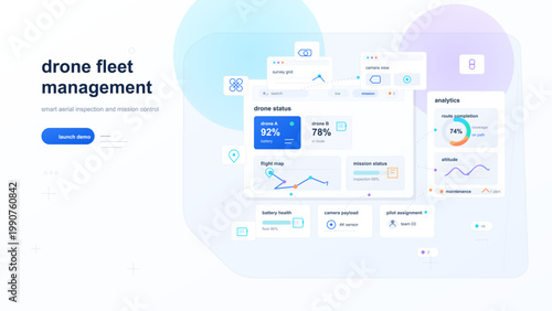 Drone fleet management dashboard interface with aerial mission analytics, flight map, battery status and inspection control widgets in pastel style