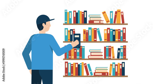 A man wearing a blue shirt and a dark baseball cap stands with his back turned while carefully placing a black book onto a crowded wooden bookshelf.