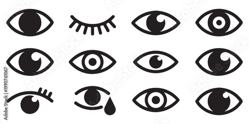 Minimalist Eye Icon Set Featuring Various Expressions and Vision Symbols