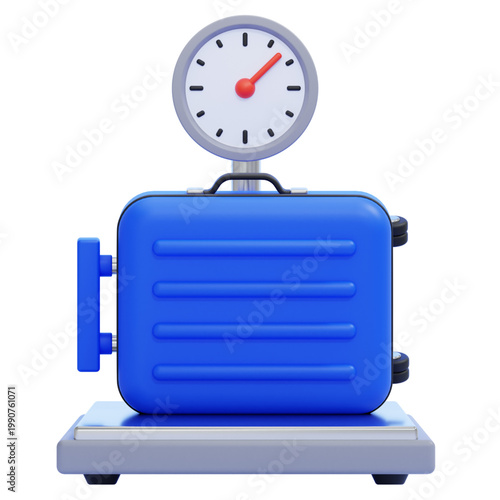 A 3D illustration of a blue suitcase on a weighing scale, perfect for travel and logistics themes