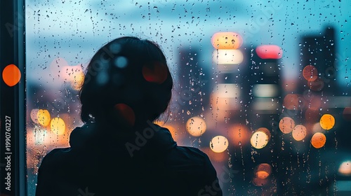 Contemplative Silhouette of Person Gazing Out the Window on Rainy Evening, Blurred Cityscape with Raindrops and Colorful Bokeh Background