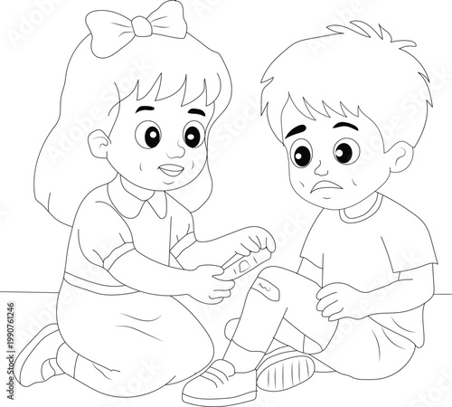 Little girl helping injured boy with a bandage on knee coloring page for kids, childhood care and friendship concept, children first aid activity, black and white vector line art illustration.
