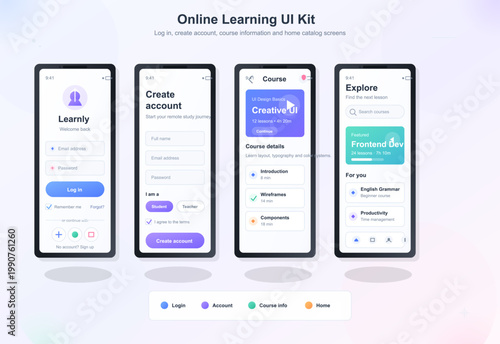 Online learning mobile UI kit with login, account creation, course details, and home catalog screens in pastel smartphone layouts