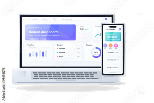 Laptop and smartphone mockup with responsive website dashboard, analytics widgets, and mobile wallet app preview screens on light background