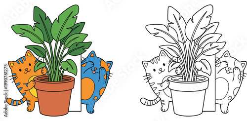 Cute Cats Hiding Behind Potted Plant Vector Illustration with Line Art Coloring Page Version for Kids Activity and Stickers