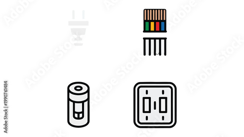 Electricity Essentials: A clean, minimalist representation of essential electrical components, including a plug, cable, battery, and light switch.