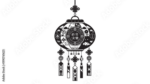 Intricate black and white hanging lantern decoration with chinese symbols and ornate details