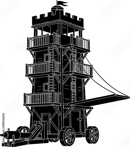 Medieval siege tower silhouette for castle wall assault