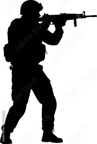 Military soldier silhouette aiming a rifle in combat stance